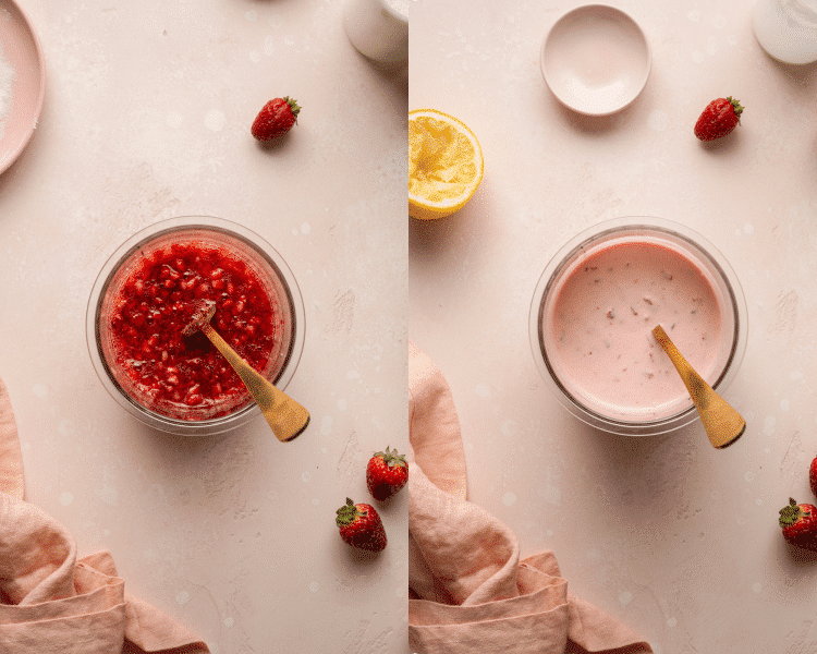 Side-by-side image of mashing strawberries and sugar in Creami pint container with a gold fold then adding the rest of the ingredients and mixing in the pint container before freezing.
