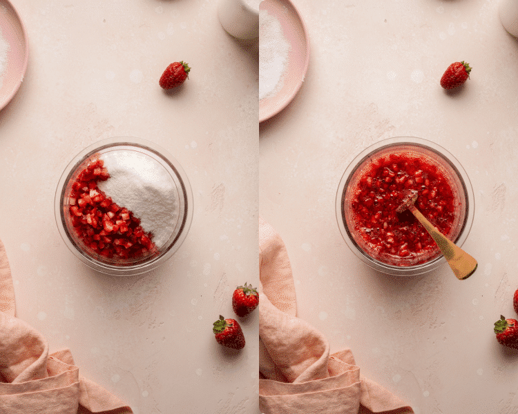 Side-by-side image of showing adding the strawberries and sugar into the pint container then mashing with a fork.
