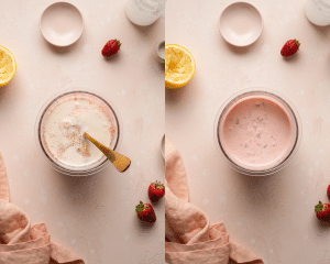 Side-by-side image of adding the rest of the ingredients to the ninja creami pint container and mixing until well combined.