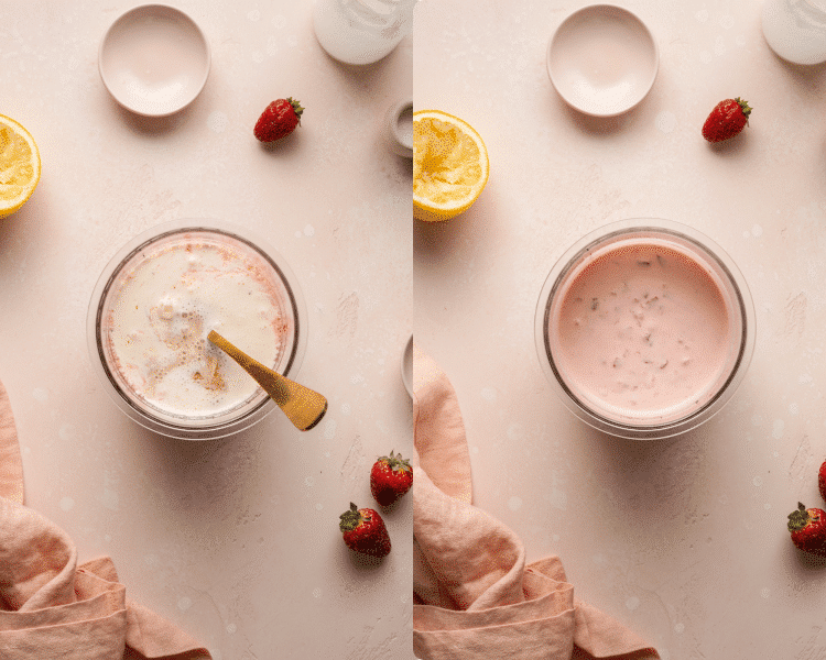 Side-by-side image of adding the rest of the ingredients to the ninja creami pint container and mixing until well combined.