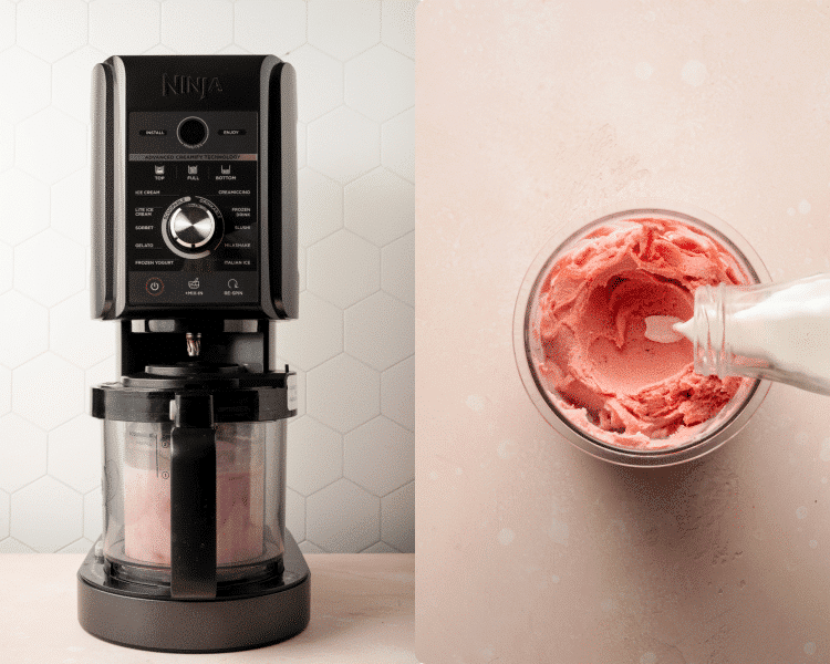 Side-by-side image showing the strawberry pint container in the ninja creami maker and then after the first Ice cream spin and adding a splash of heavy cream before running the re-spin cycle.