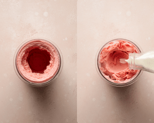 Side-by-side image of ninja creami after running through the first cycle then adding a splash of milk before running the respin cycle.