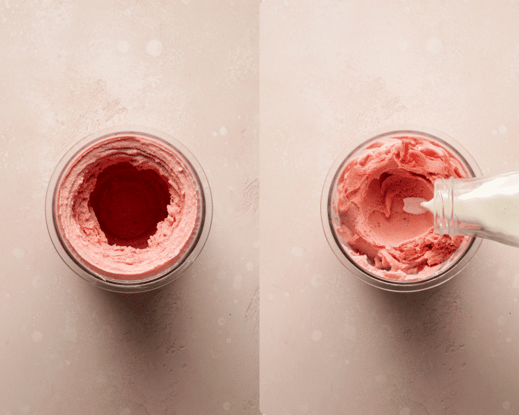 Side-by-side image of ninja creami after running through the first cycle then adding a splash of milk before running the respin cycle.