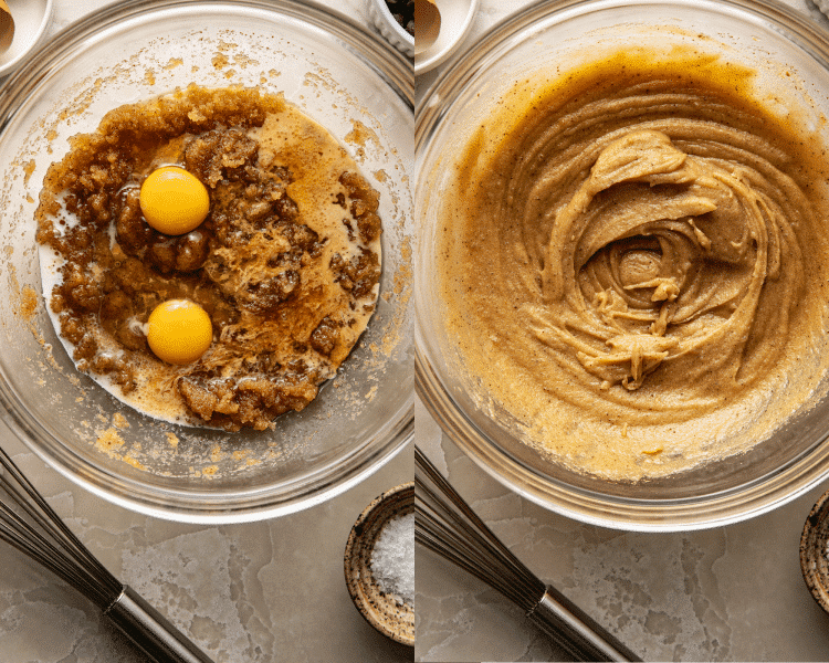 Side-by-side image of mixing the wet ingredients together for chocolate dipped chocolate chip cookies.
