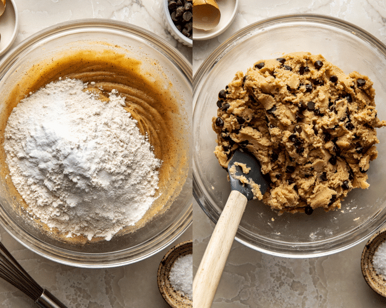 Side-by-side image of adding the dry ingredients to the wet ingredients in glass bowl and mixing together.