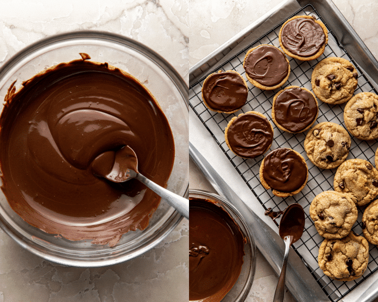 Side-by-side image of melting chocolate in glass bowl with spoon and spreading chocolate on back of chocolate chip cookies on baking tray with wire rack.
