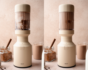 Side-by-side image of blending ninja creami chocolate ice cream in blender before adding to pint container.
