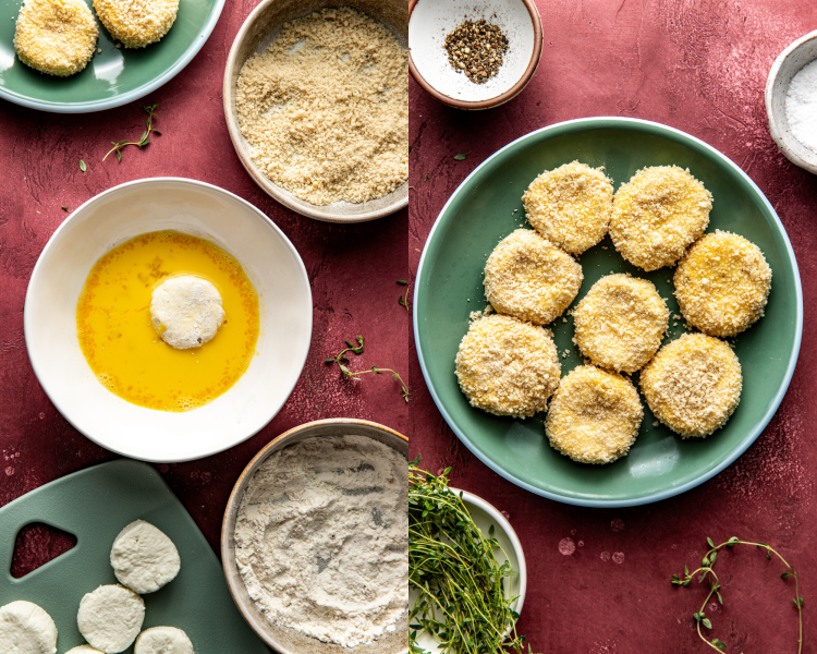 Side-by-side image of placing goat cheese medallion covered in flour in egg wash and plate of goat cheese medallions once breaded on green plate.