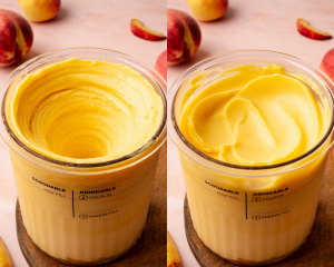 Side-by-side image of ninja creami pint container after running through the sorbet cycle for peach sorbet.