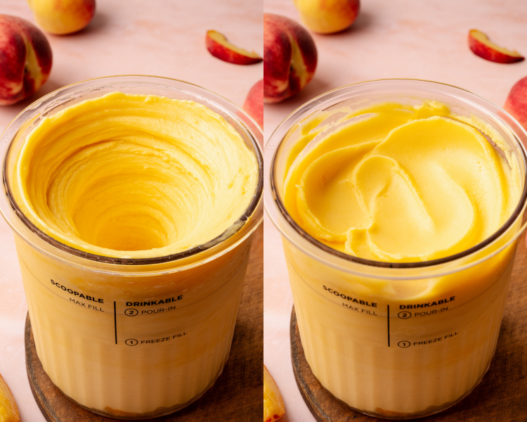 Side-by-side image of ninja creami pint container after running through the sorbet cycle for peach sorbet.