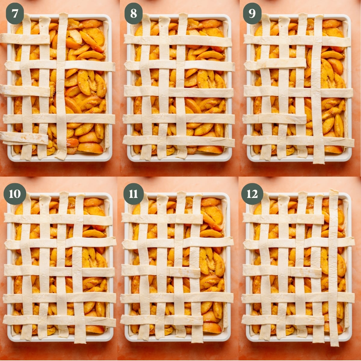 Second part of the lattice step-by-step collage, labeled Steps 7 through 12. The vertical and horizontal pastry strips are being interwoven, with alternating folds made to form a criss-cross pattern. By Step 12, most of the pan is covered in an even lattice design.