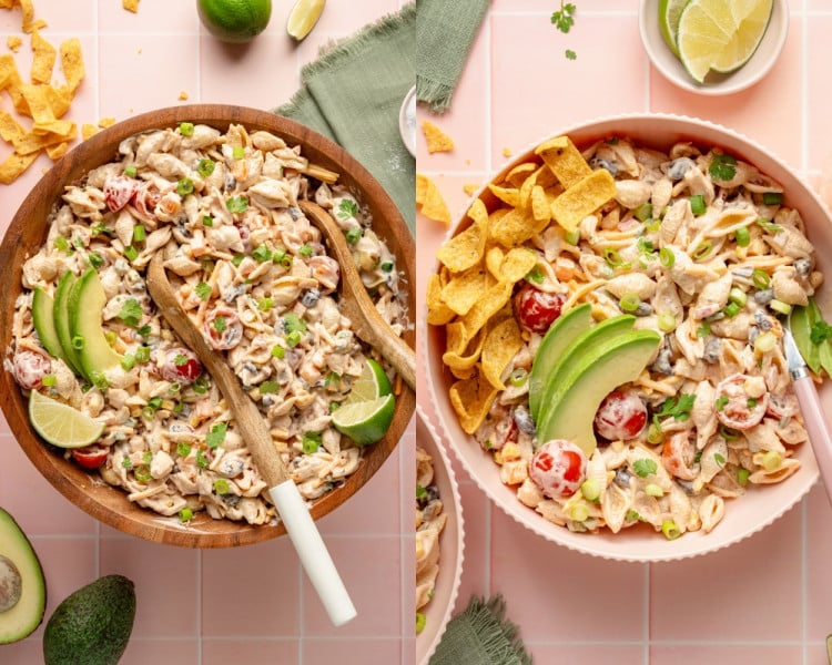 Two styled serving images of creamy taco pasta salad. On the left, a large wooden bowl of the finished salad is garnished with sliced avocado, lime wedges, chopped green onion, and fresh cilantro, with serving spoons resting inside. On the right, a close-up of an individual serving bowl filled with the creamy pasta salad and topped with avocado slices, cilantro, lime, and a handful of crunchy Fritos or Doritos on the side for texture.