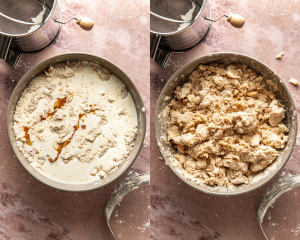 Side-by-side image of adding wet ingredients to dry then combining to form dough.