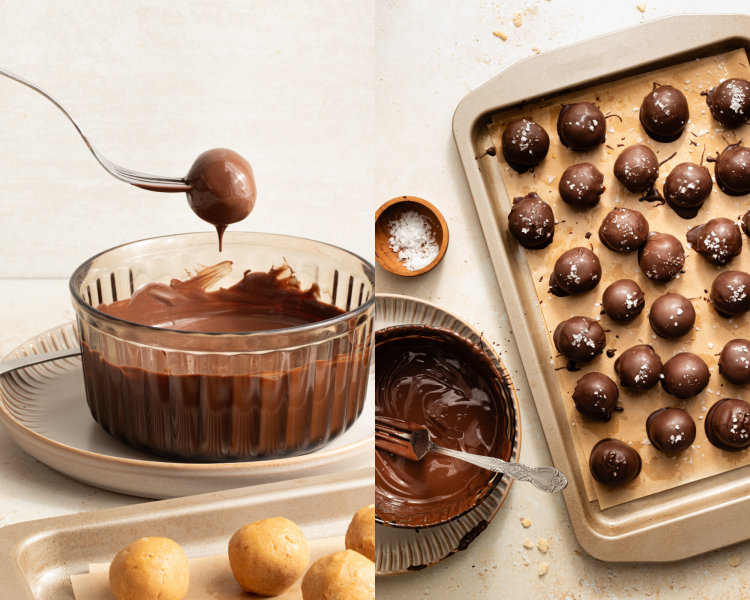 Side-by-side image of dipping peanut butter ball into melted chocolate with a fork and placing on baking tray and sprinkling with flaky salt.