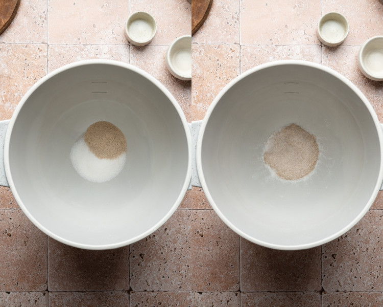 Two side-by-side photos showing instant yeast and sugar added to a large mixing bowl, then lightly stirred together.