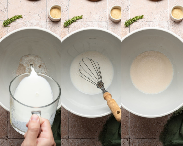Three photos showing warm milk being poured into the yeast and sugar mixture, whisked together, and becoming foamy.