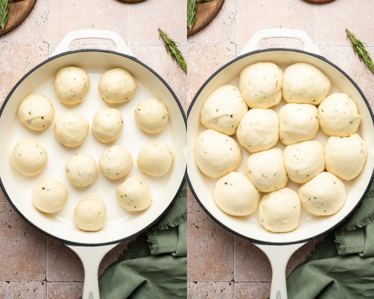 Two side-by-side photos of shaped rolls arranged in a round baking pan before and after the second rise, looking puffier and fuller.