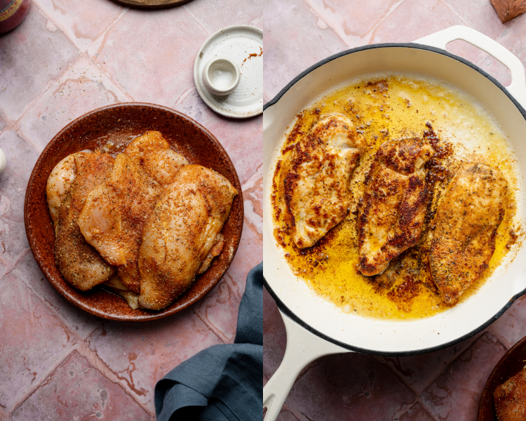 Side-by-side image of tossing chicken in seasonings then cooking in skillet.