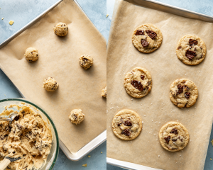 Side-by-side image of scooping dough balls onto parchment-lined baking tray then baking cookies until done.