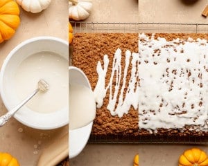 Three photos of the maple glaze process. Left: bowl of smooth glaze with a spoon. Middle: glaze being poured in ribbons over the baked coffee cake. Right: cake fully drizzled and covered with glaze.