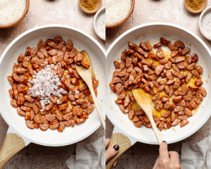 Side-by-side image of adding shallots to chorizo and cooking for 3-5 minutes.