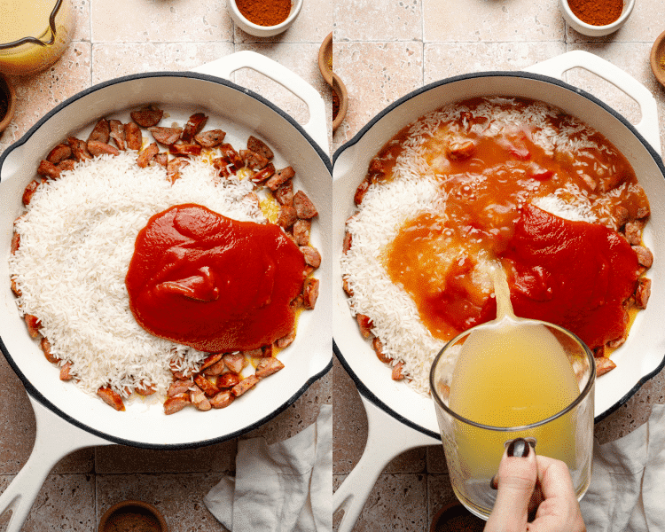 Side-by-side image of adding the rice, tomato sauce and broth to skillet.