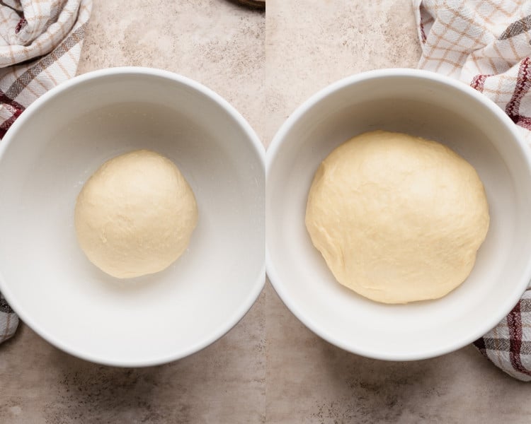 Side-by-side images of dough before and after rising. The left shows the dough as a small ball, and the right shows it doubled in size, smooth, and puffy after proofing.