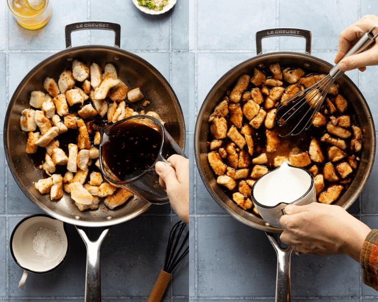 Side-by-side image of adding the honey garlic sauce to the pan then whisking in the cornstarch slurry.