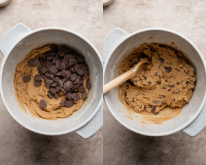 Side-by-side image of adding the chocolate chips then mixing with rubber spatula to combine.