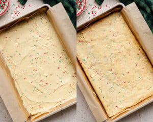Two images showing the cookie bar dough in the pan. The left image shows the unbaked sprinkle-studded dough spread evenly in a parchment-lined baking pan. The right image shows the baked cookie bar, lightly golden around the edges.