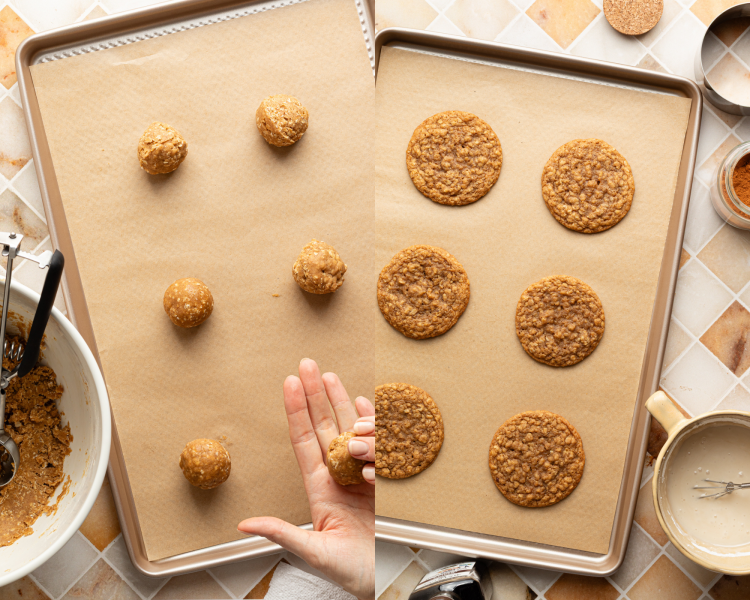 Side-by-side image of scooping and rolling the dough then baking for 8-10 minutes.