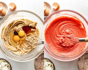 Side-by-side image of whisking wet ingredients together for red velvet cookies.