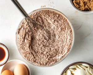 Whisking dry ingredients together for red velvet cookies.