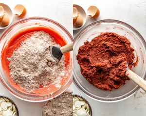 Side-by-side image of combining wet and dry ingredients for red velvet cookie dough.