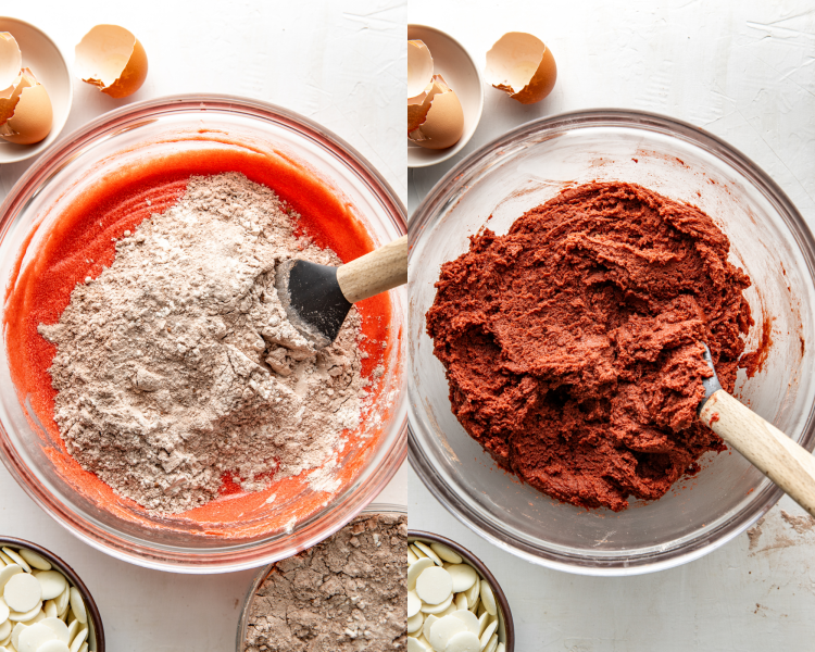 Side-by-side image of combining wet and dry ingredients for red velvet cookie dough.