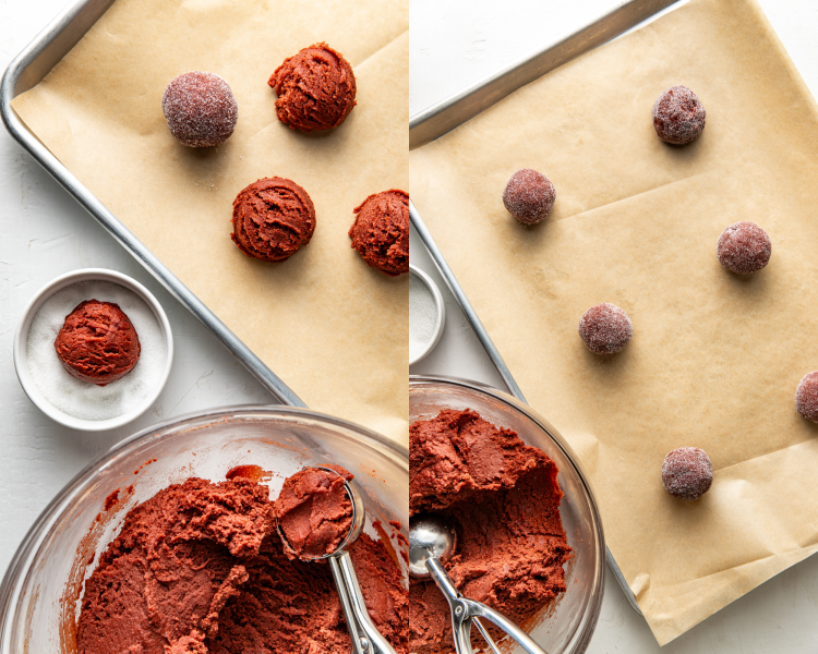 Side-by-side of scooping red velvet cookie dough then rolling in granulated sugar and placing them on parchment-lined baking tray.