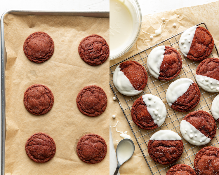 Side-by-side image of red velvet cookies baked on parchment-lined baking sheet then dipped in white chocolate and drying on wire rack.