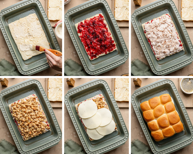 Six images showing how to add the different layers to the thanksgiving leftover sliders.