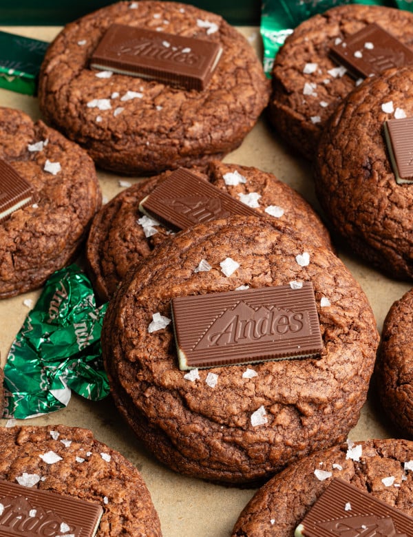 Andes mint cookies topped with andes mint bar.