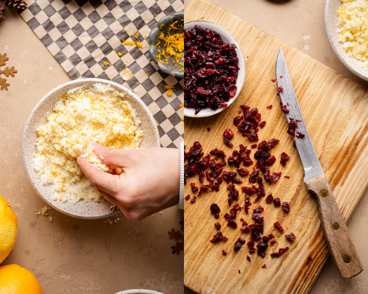 Side-by-side image of infusing the sugar with orange zest and chopping the dried cranberries.
