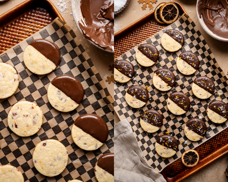 Side-by-side image of cranberry orange cookies dipped in chocolate then garnished with orange zest and flake salt.