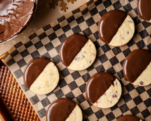 Shortbread cookies dipped in melted dark chocolate.