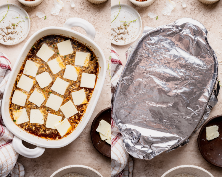 Side-by-side image of adding the slices of butter then covering tightly with tin foil.
