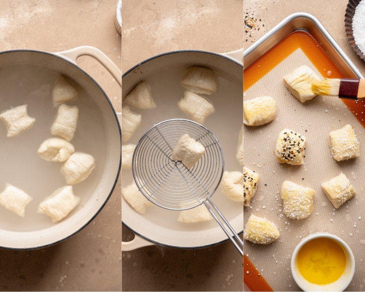 Overhead collage showing pretzel bites simmering in a baking soda water bath, lifted out with a slotted spoon, and brushed with egg wash before baking.