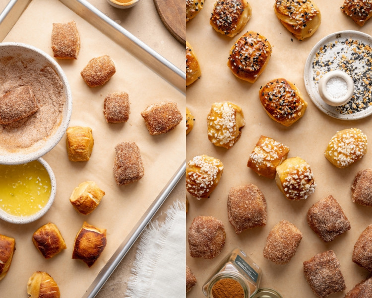Overhead collage showing baked pretzel bites finished with melted butter, cinnamon sugar pretzel bites, and salted and everything bagel–topped pretzel bites ready to serve.