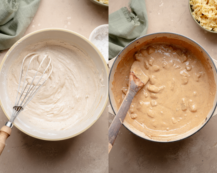 Side-by-side of whisking ingredients for sour cream sauce in bowl then adding into beef mixture and stirring to combine.