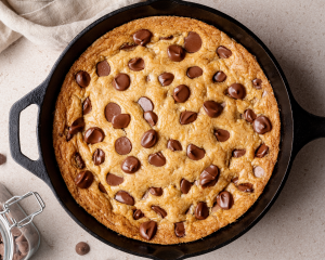 Cast iron skillet cookie baked in skillet.