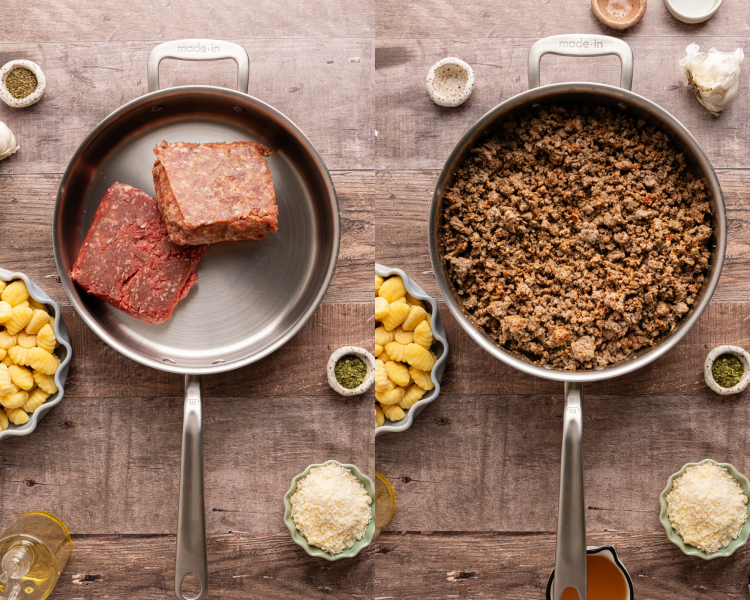 Side-by-side image of browning the meat in a skillet and adding the rest of the meat ingredients.