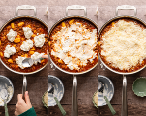 Three photos side-by-side showing adding the cheese layers to the meat sauce and gnocchi.