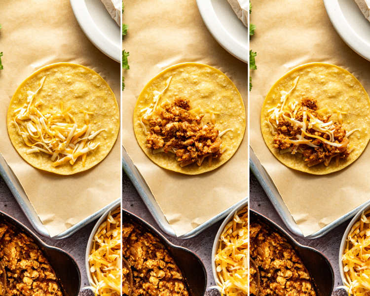 Three photos side-by-side showing how to assemble tacos with cheese and chicken mixture.